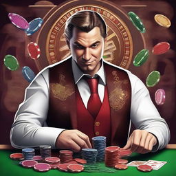 Generate an image of a man who runs a casino, dressed in rich attire and surrounded by elements of a casino such as poker chips, cards, and slot machines