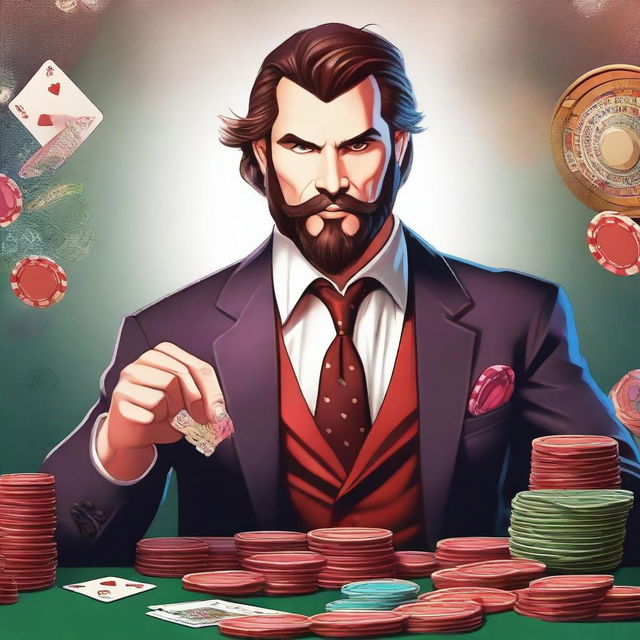 Generate an image of a man who runs a casino, dressed in rich attire and surrounded by elements of a casino such as poker chips, cards, and slot machines