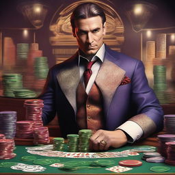 Generate an image of a man who runs a casino, dressed in rich attire and surrounded by elements of a casino such as poker chips, cards, and slot machines