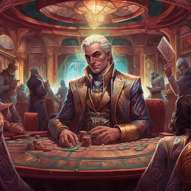 A high-quality image of a man who runs a casino, depicted in the art style of Dungeons and Dragons