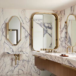 Design a modern, sleek, aesthetic bathroom with white marble walls, brass fixtures, and a large, well-lit vanity mirror.