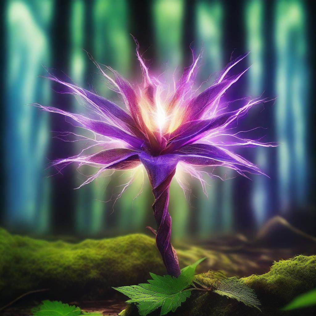 A vibrant and colourful lightning flower situated in a mystical forest from the medieval era