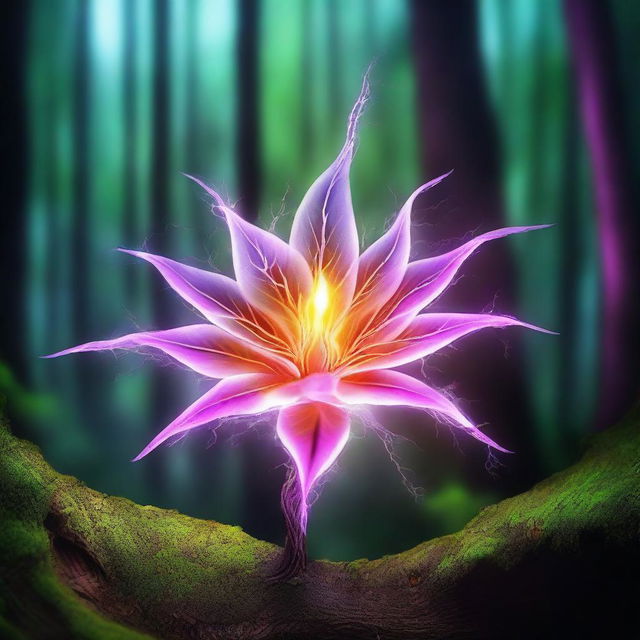 A vibrant and colourful lightning flower situated in a mystical forest from the medieval era