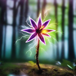 A vibrant and colourful lightning flower situated in a mystical forest from the medieval era