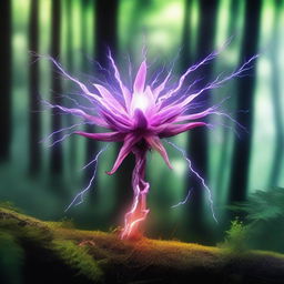 A vibrant and colourful lightning flower situated in a mystical forest from the medieval era