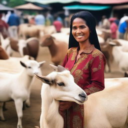 A beautiful and attractive saleswoman is selling several large goats at a traditional Indonesian market.