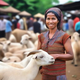 A beautiful and attractive saleswoman is selling several large goats at a traditional Indonesian market.