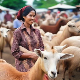 A beautiful and attractive saleswoman is selling several large goats at a traditional Indonesian market.