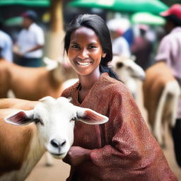 A beautiful and attractive saleswoman is selling several large goats at a traditional Indonesian market.