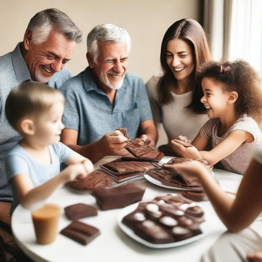 A warm and loving family sitting around a table, enjoying various types of chocolate