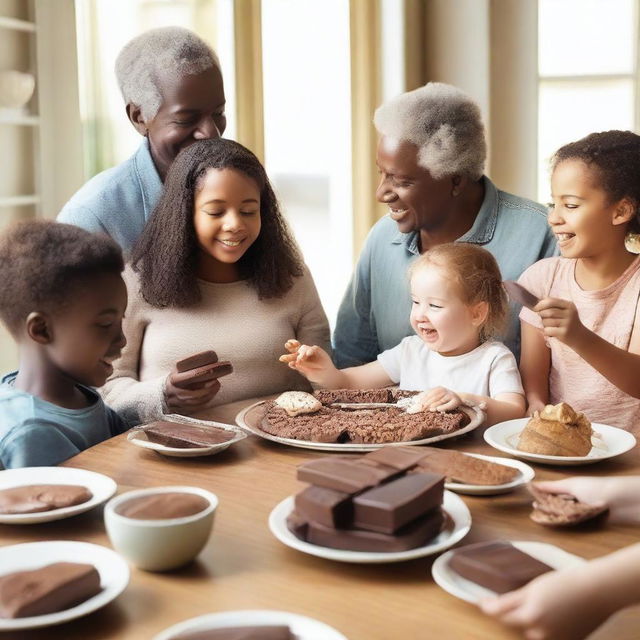 A warm and loving family sitting around a table, enjoying various types of chocolate