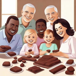 A warm and loving family sitting around a table, enjoying various types of chocolate