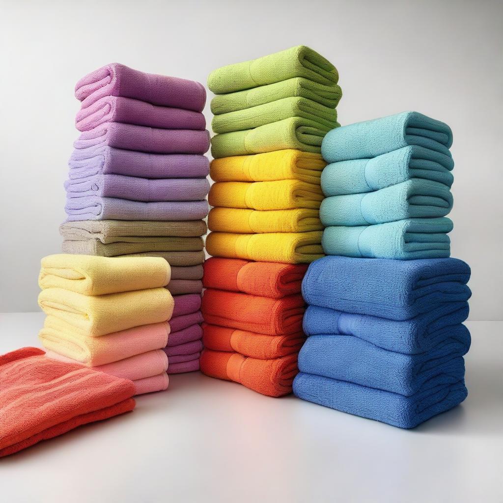 An image showcasing multicolored towels, neatly folded into towers