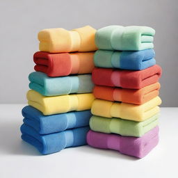 An image showcasing multicolored towels, neatly folded into towers