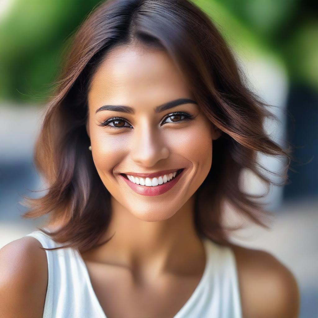 A portrait of a beautiful woman with radiant skin, sparkling eyes, and a captivating smile