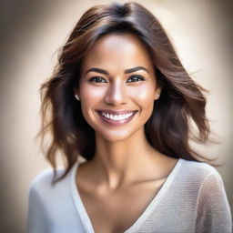 A portrait of a beautiful woman with radiant skin, sparkling eyes, and a captivating smile