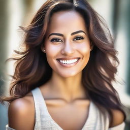 A portrait of a beautiful woman with radiant skin, sparkling eyes, and a captivating smile