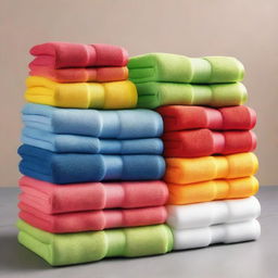 A pyramid stack of rolled towels in various vibrant colors