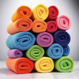 A pyramid stack of rolled towels in various vibrant colors