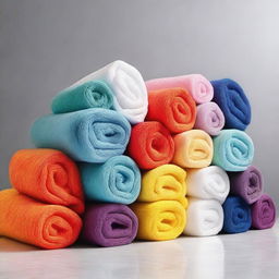 A pyramid stack of rolled towels in various vibrant colors