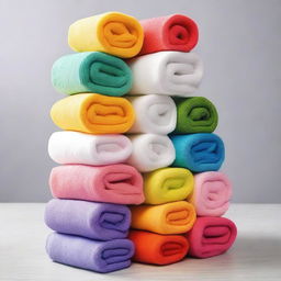 An image of rolled towels stacked in a pyramid shape, in various bright colors