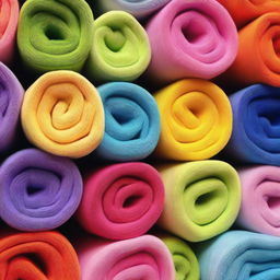 An image of rolled towels stacked in a pyramid shape, in various bright colors