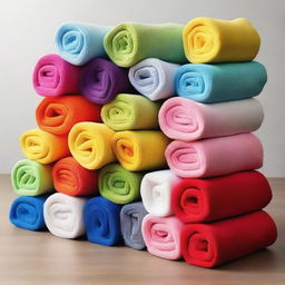 An image of rolled towels stacked in a pyramid shape, in various bright colors