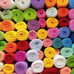 An image of rolled towels stacked in a pyramid shape, in various bright colors