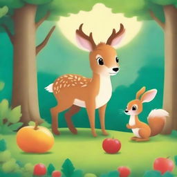 Generate a high-quality animated image of a deer, rabbit, and squirrel sharing food and fruit in an enchanted forest