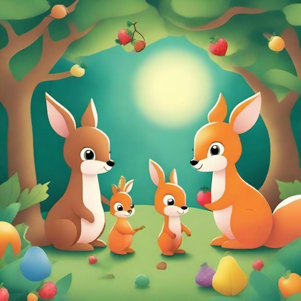 Generate a high-quality animated image of a deer, rabbit, and squirrel sharing food and fruit in an enchanted forest