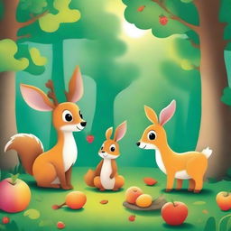 Generate a high-quality animated image of a deer, rabbit, and squirrel sharing food and fruit in an enchanted forest