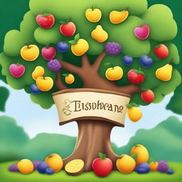 Create a high quality animated image of a tree filled with various fruits