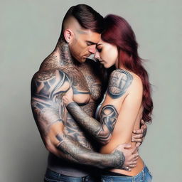 Generate an image of a short girl with auburn hair being held by a tall, muscular man with tattoos and dark hair