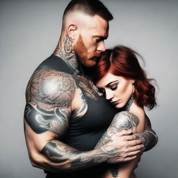 Generate an image of a short girl with auburn hair being held by a tall, muscular man with tattoos and dark hair