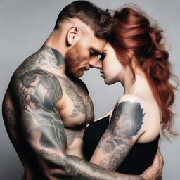 Generate an image of a short girl with auburn hair being held by a tall, muscular man with tattoos and dark hair