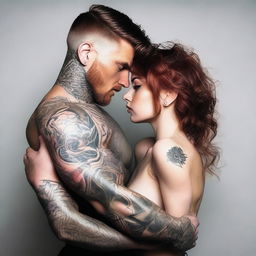 Generate an image of a short girl with auburn hair being held by a tall, muscular man with tattoos and dark hair