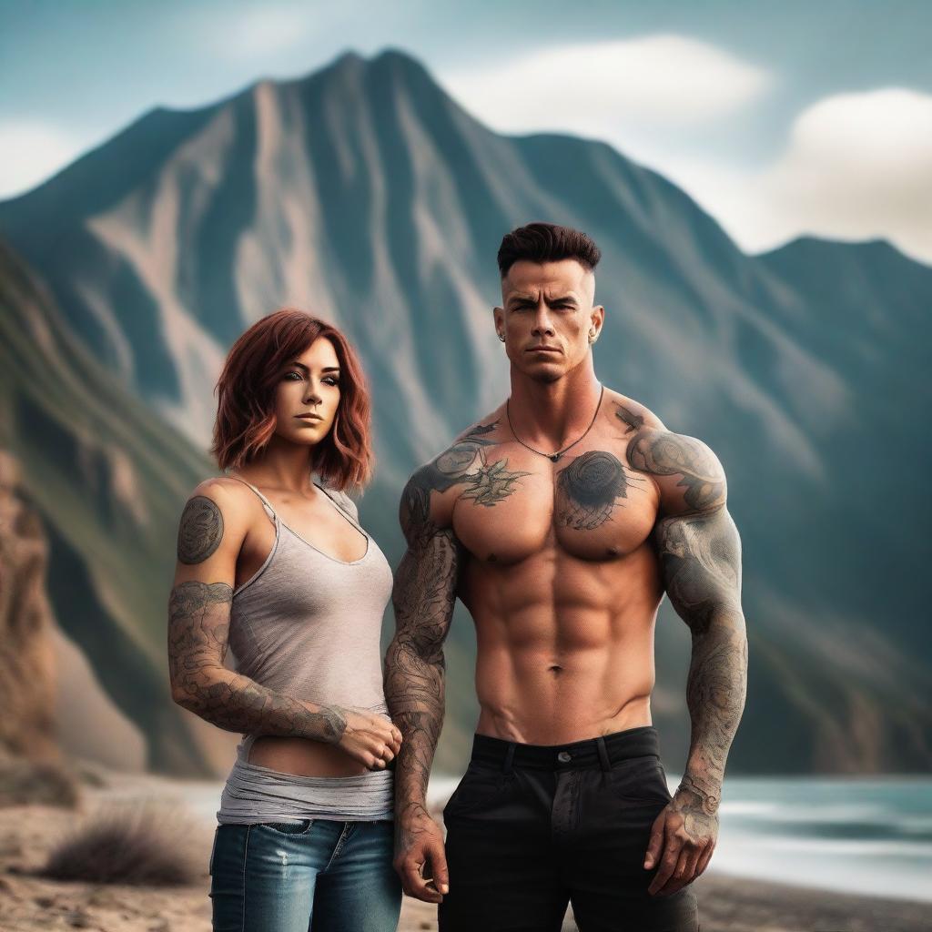 Generate an image of a short girl with auburn beach hair standing next to a tall, muscular man with dark hair and tattoos