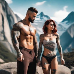 Generate an image of a short girl with auburn beach hair standing next to a tall, muscular man with dark hair and tattoos