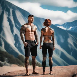 Generate an image of a short girl with auburn beach hair standing next to a tall, muscular man with dark hair and tattoos