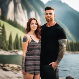 Generate an image of a short girl with auburn beach hair, wearing a sundress, standing next to a tall, muscular man with dark hair and tattoos