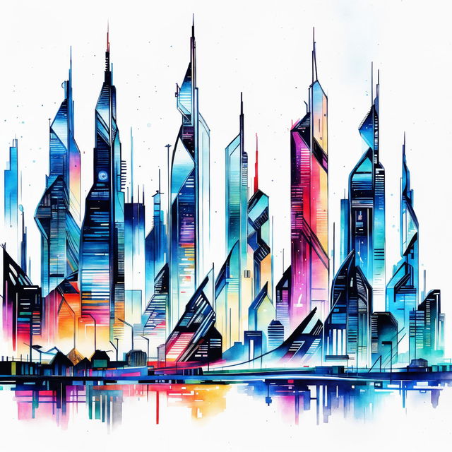 Watercolour architectural sketch of a vibrant futuristic cityscape, featuring towering skyscrapers, neon lights, bustling streets, and flying vehicles against a colourful sky.