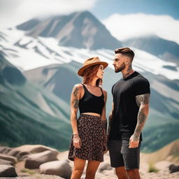 Generate an image of a short girl with auburn beach hair, wearing a sundress, standing next to a tall, muscular man with dark hair and tattoos