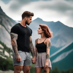 Generate an image of a short girl with auburn beach hair, wearing a sundress, standing and looking into the eyes of a tall, muscular man with dark hair and tattoos