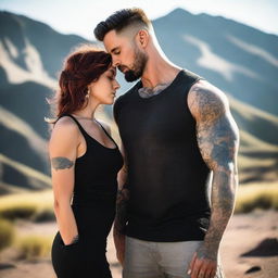 Generate an image of a short girl with auburn beach hair, wearing a sundress, standing and looking into the eyes of a tall, muscular man with dark hair and tattoos