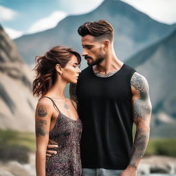 Generate an image of a short girl with auburn beach hair, wearing a sundress, standing and looking into the eyes of a tall, muscular man with dark hair and tattoos