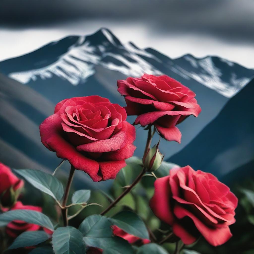 Generate an image of faded red roses against a dark mountain backdrop