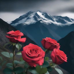 Generate an image of faded red roses against a dark mountain backdrop