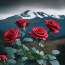 Generate an image of faded red roses against a dark mountain backdrop