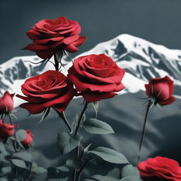 Generate an image of faded red roses against a dark mountain backdrop