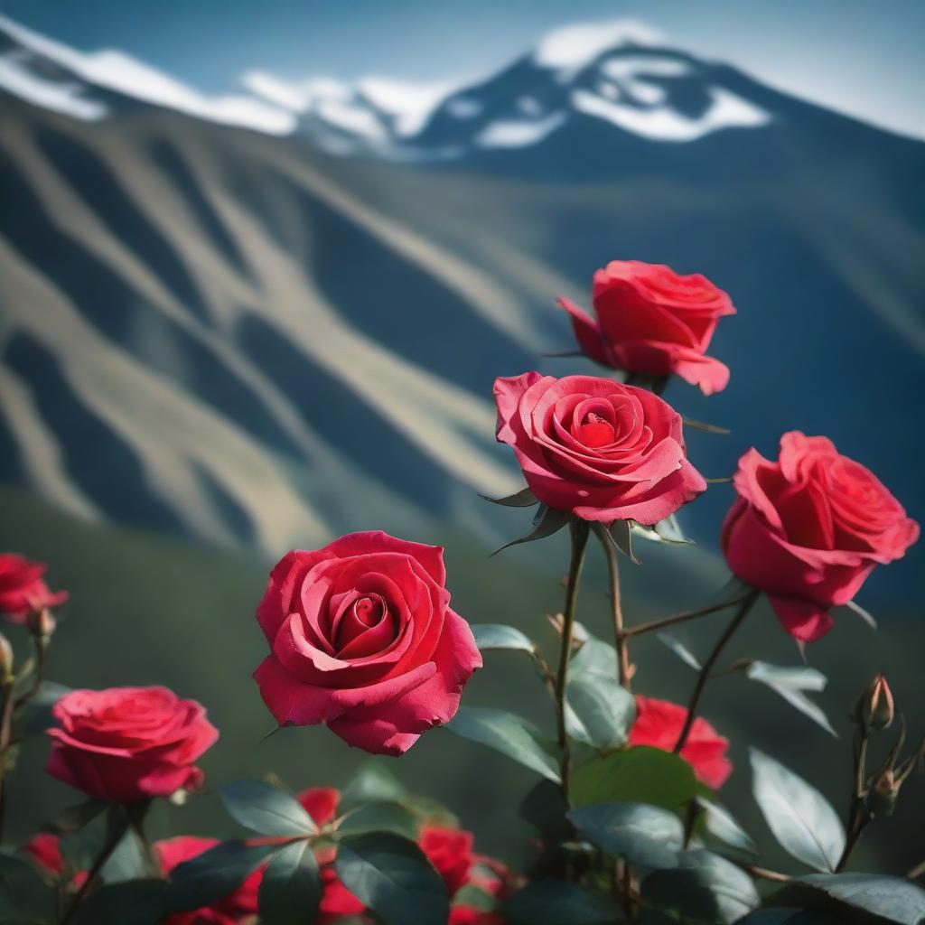 Generate an image of faded red roses without stems, set against a dark mountain backdrop